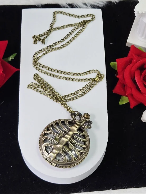 Skeleton Ribcage Pocket Watch Gothic Cutout Bone Skull Steampunk Alt Antique - Picture 4 of 8